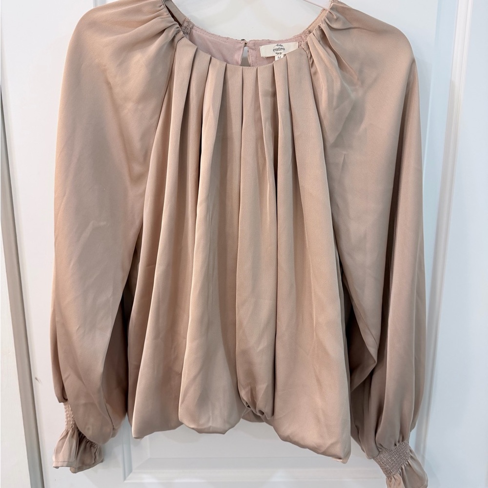 Entro Taupe Pleated Long-Sleeve Women's Blouse